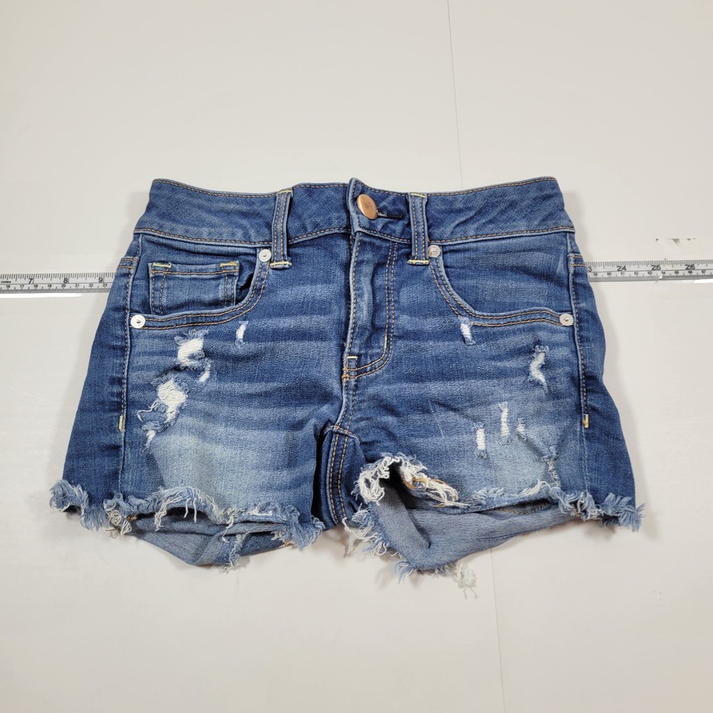 American Eagle Midi Short Women 00 Blue Excellent Distressed Super Stretch Denim
